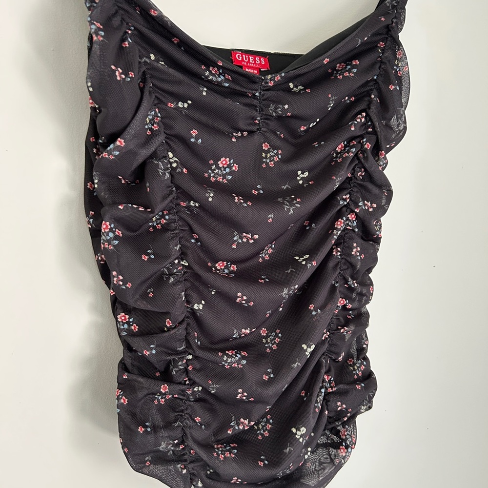 Guess Black Floral Ruched Detail Tulle Bodysuit ~ size XS ~ perfect condition - Picture 3 of 6